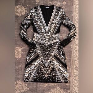 Express Black and Silver Sequin Long Sleeve Dress
